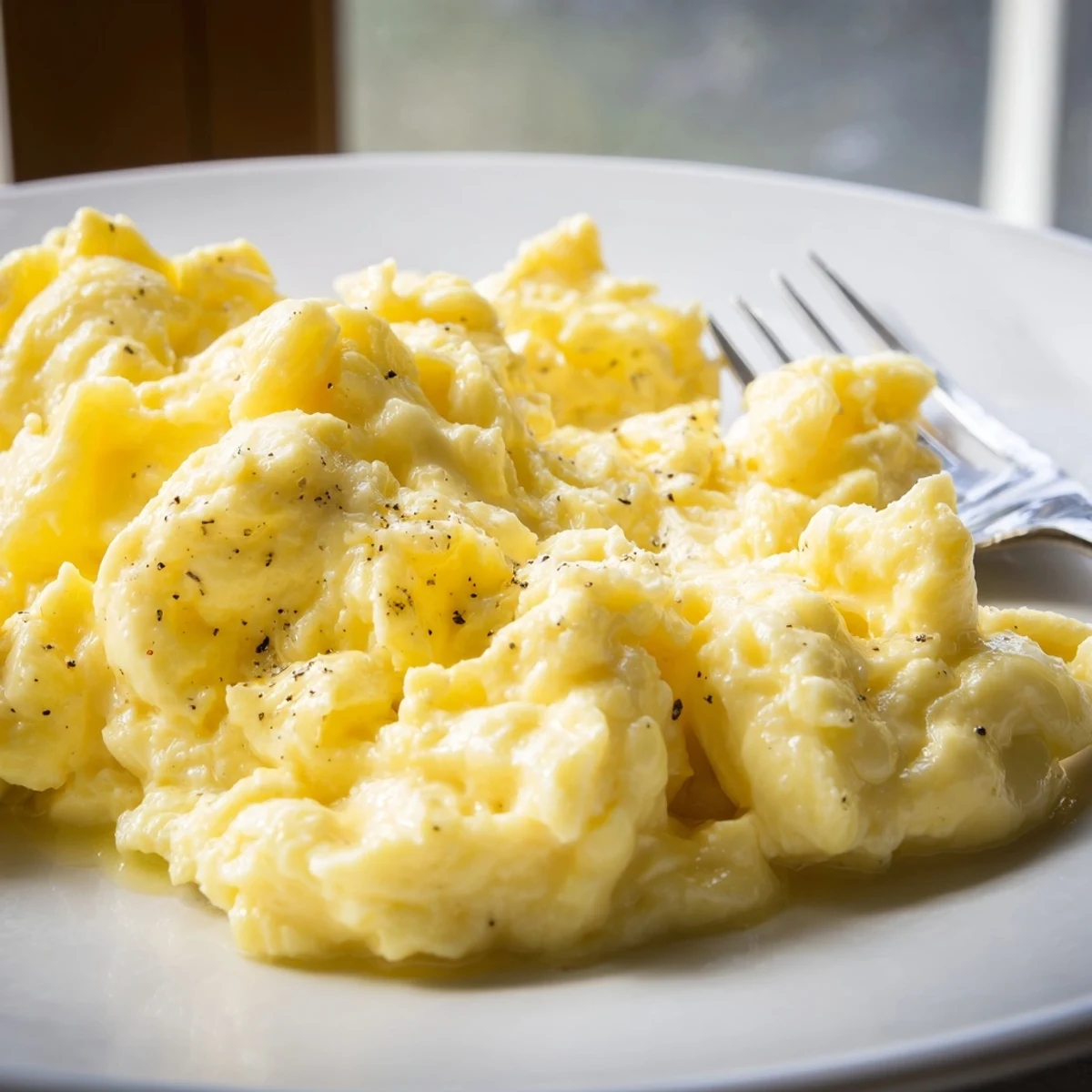 Fluffy scrambled eggs gently folded in a buttery nonstick skillet with soft curds