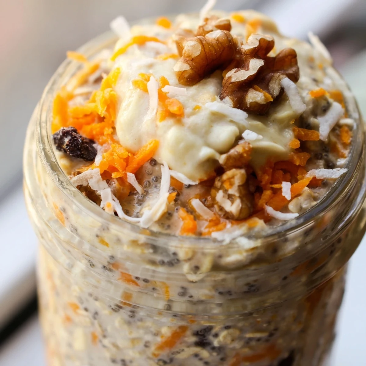 Creamy Carrot Cake Overnight Oats topped with walnuts and a swirl of cream cheese frosting