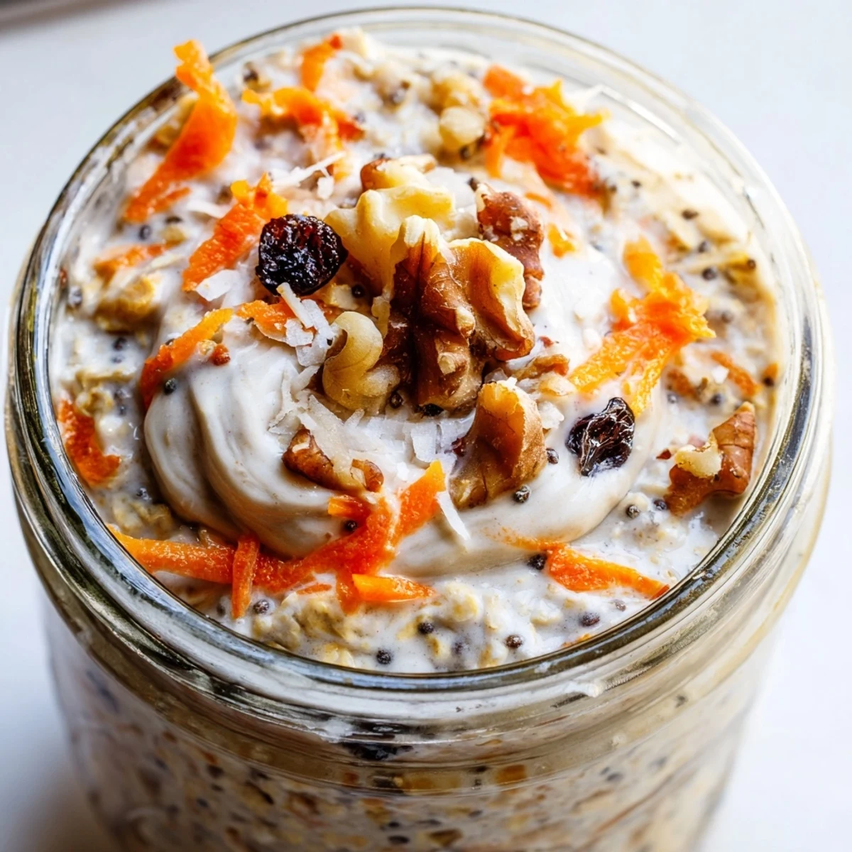 Carrot Cake Overnight Oats in a glass jar layered with grated carrots, raisins, and warm spices