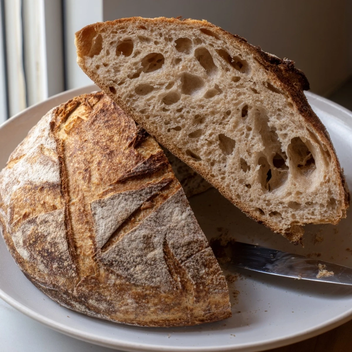 Golden sourdough bread loaf with a crackly crust cooling on a wire rack