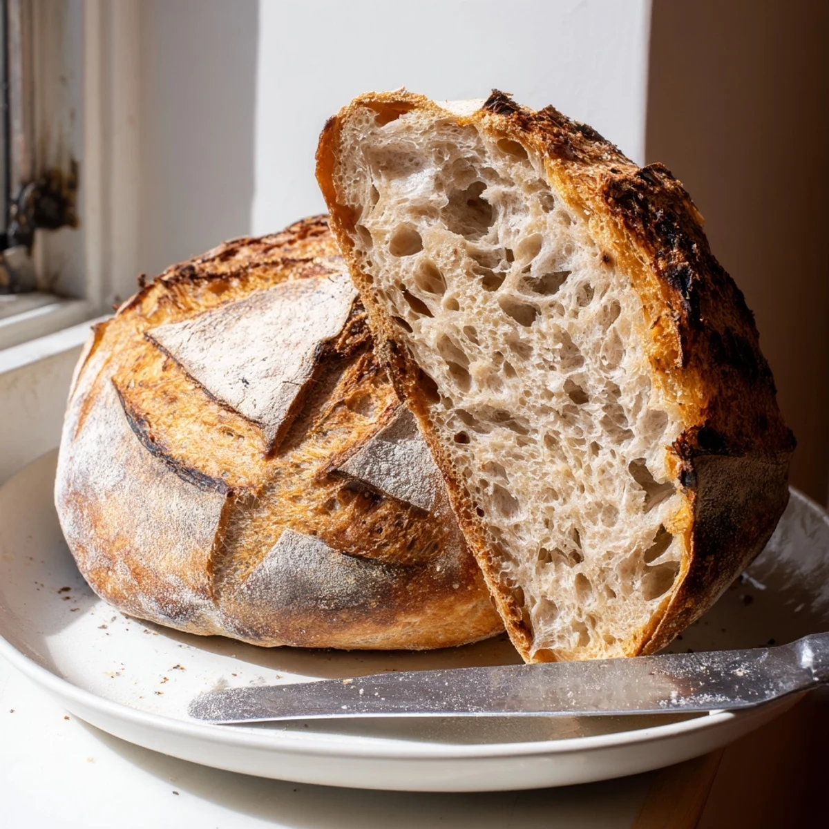 Crusty sourdough bread sliced open revealing a soft chewy airy crumb