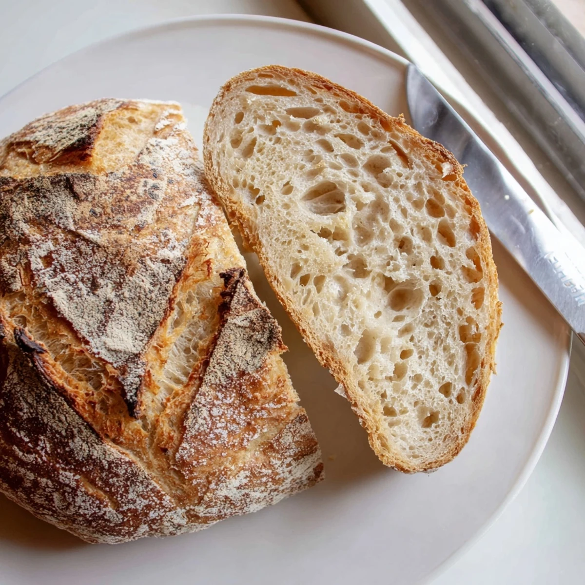 Rustic sourdough bread round scored with deep slashes on parchment paper