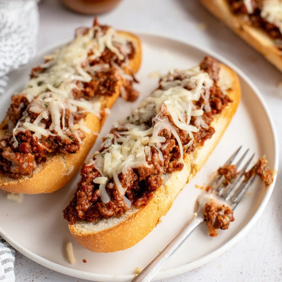 Garlic Bread Sloppy Joes with bubbling mozzarella, buttery crust, savory beef filling