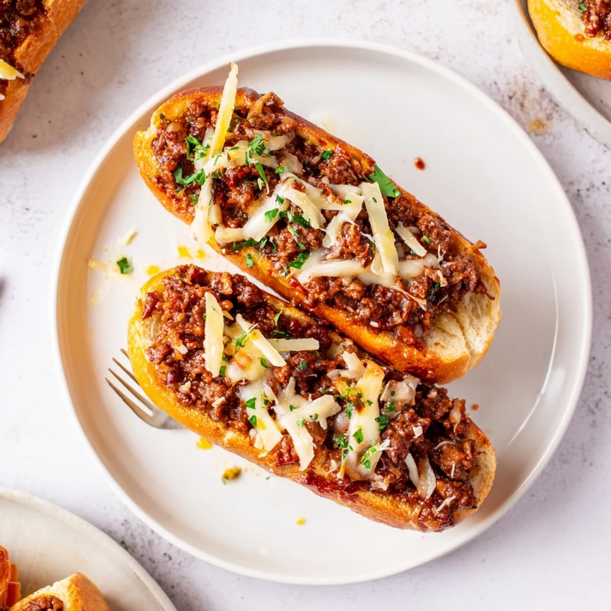 Garlic Bread Sloppy Joes, sliced with steam rising, ready to grab