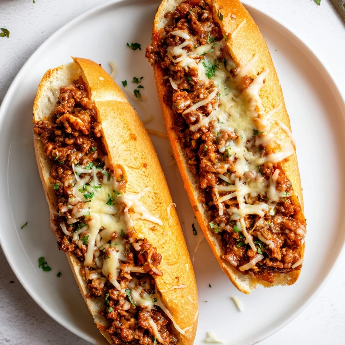 Warm Garlic Bread Sloppy Joes topped with parsley, paired with crisp coleslaw