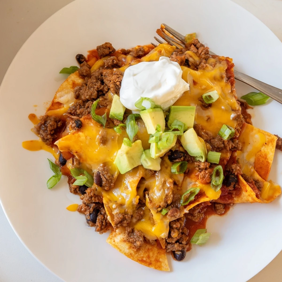 Family style Beef Skillet Enchiladas topped with green onions, sour cream swirl