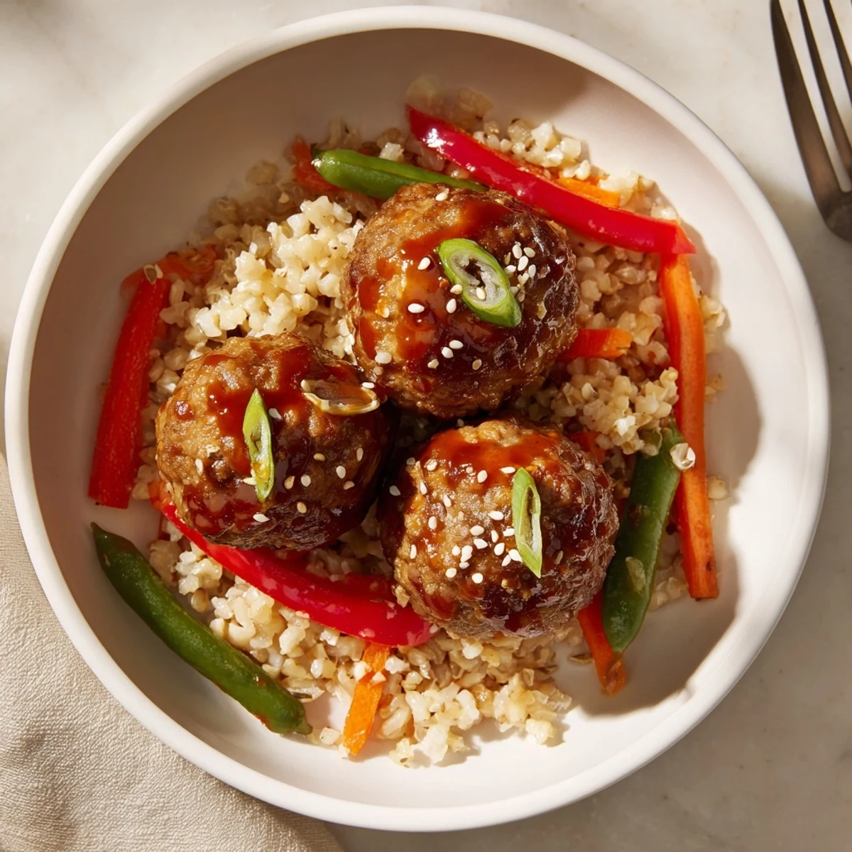 Hello Fresh Firecracker Meatballs glazed in sticky sauce over fluffy jasmine rice