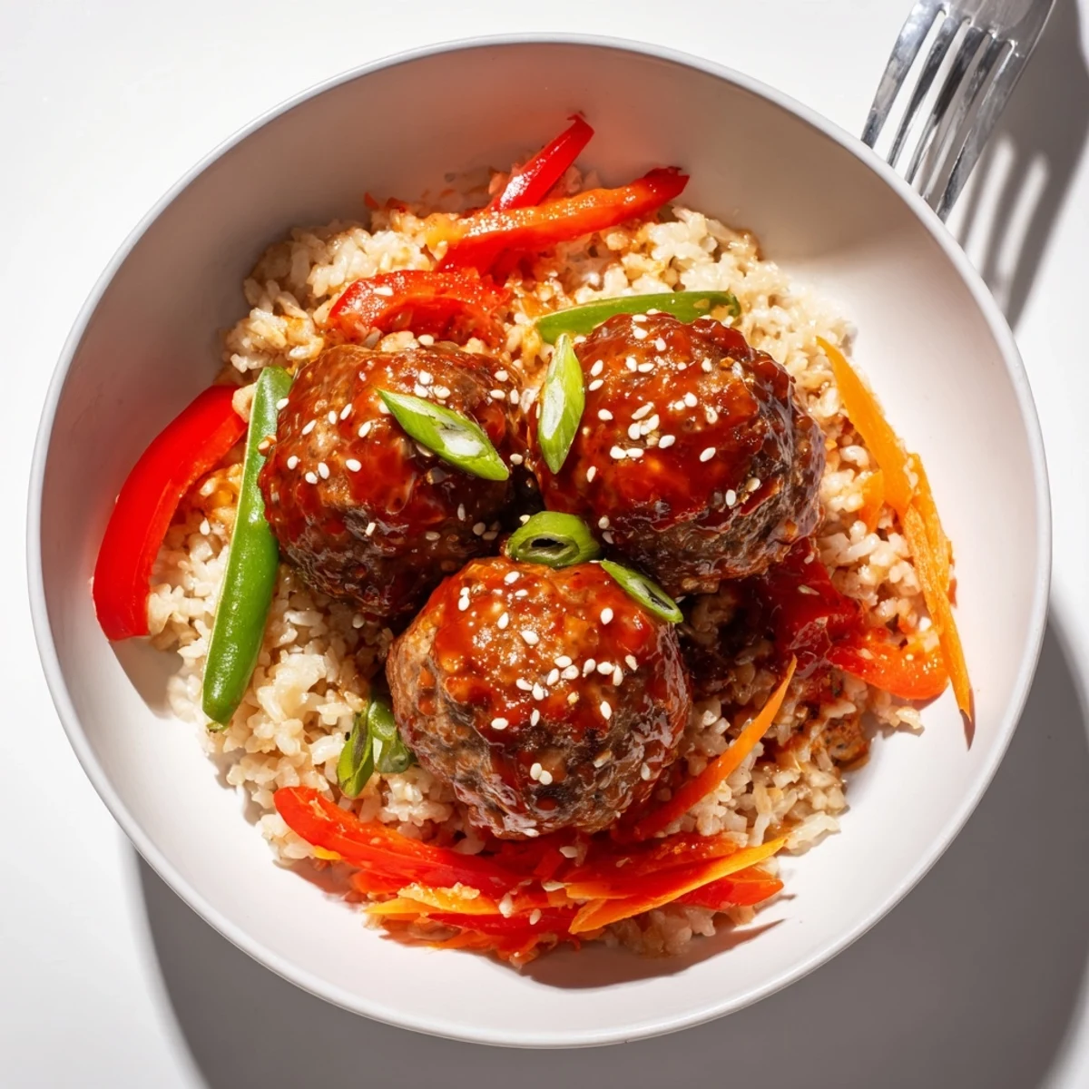 Weeknight plate of Hello Fresh Firecracker Meatballs with sautéed vegetables and sesame seeds
