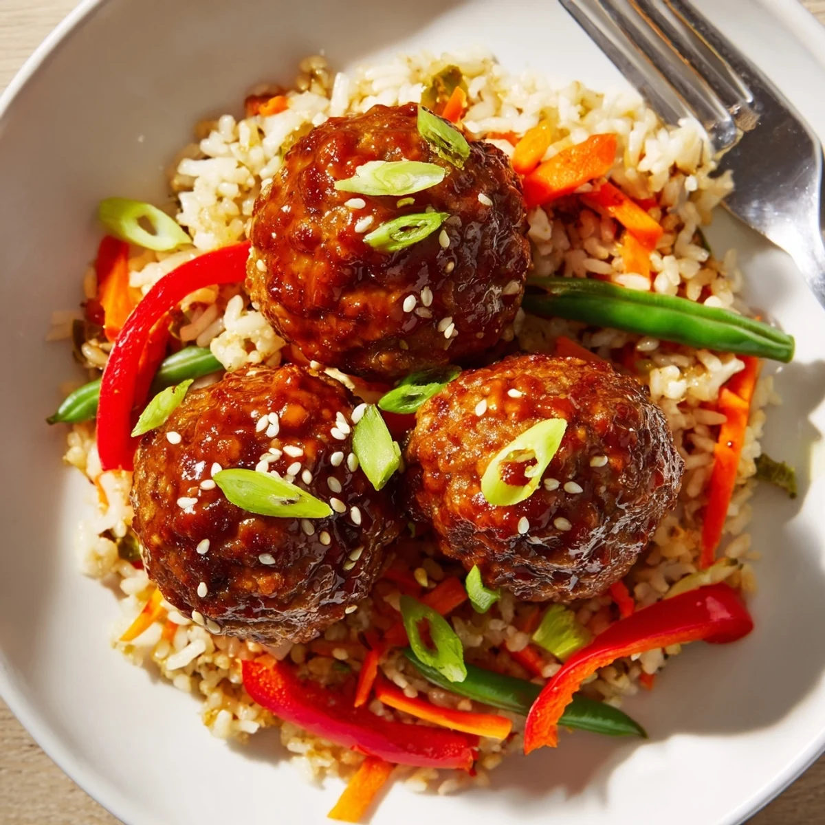 Crispy browned Hello Fresh Firecracker Meatballs tossed in spicy-sweet sauce, scallions
