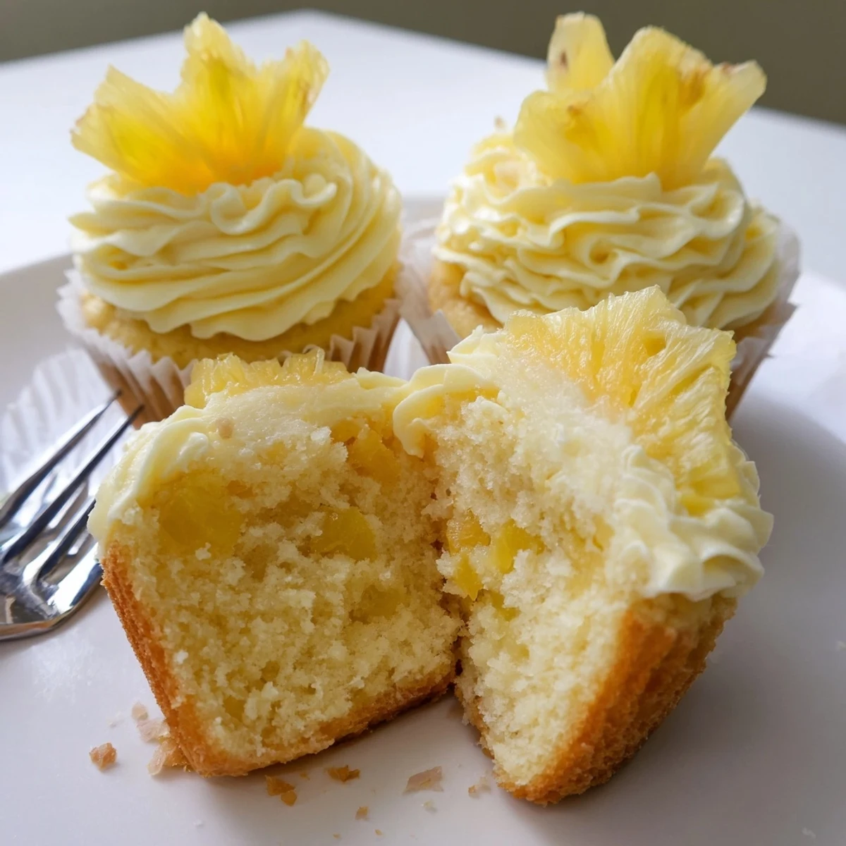 Classic Dole Whip Cupcakes Recipe plated with maraschino cherry and dried pineapple