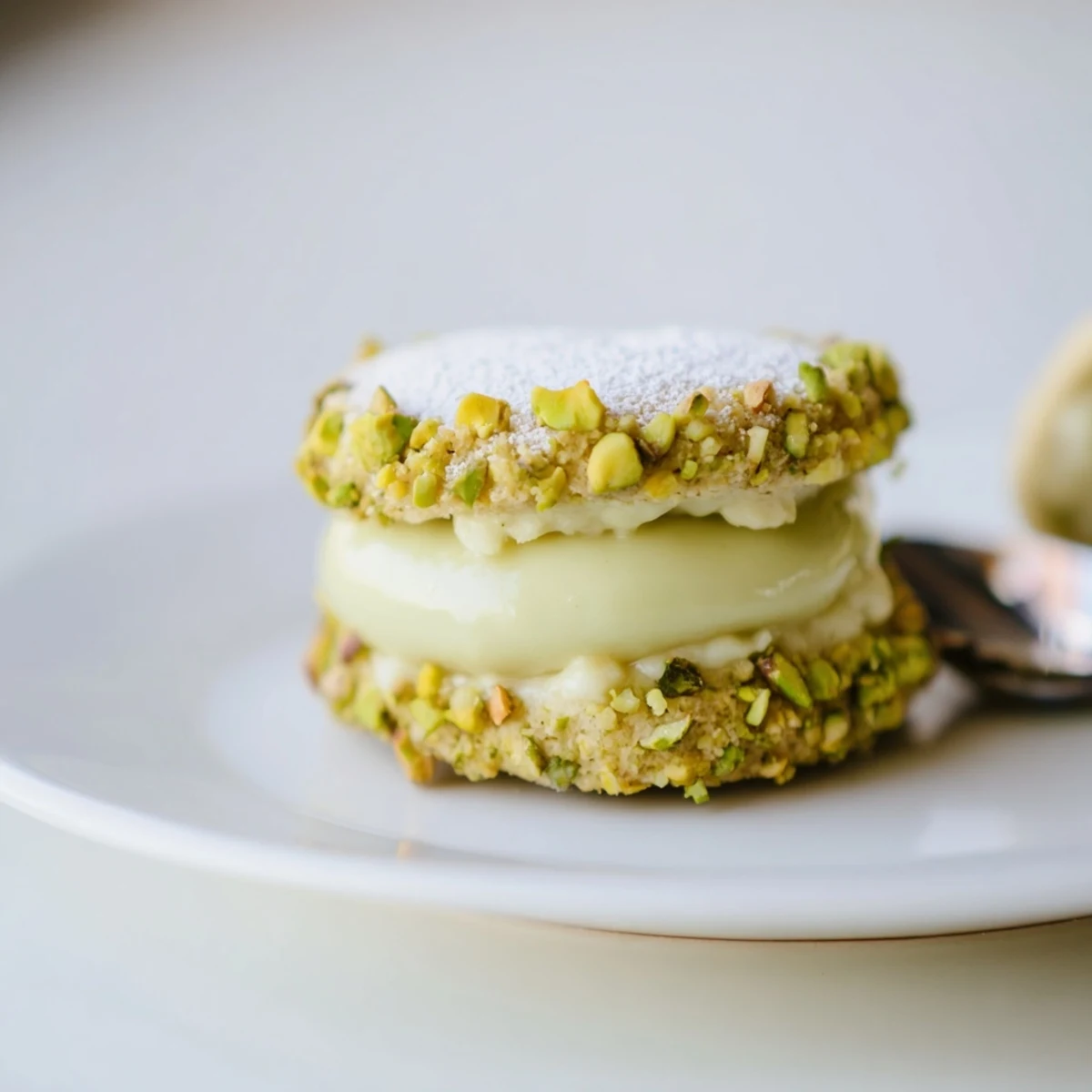 Pistachio Cream Cookies Recipe showing tender golden cookies sandwiched with green filling