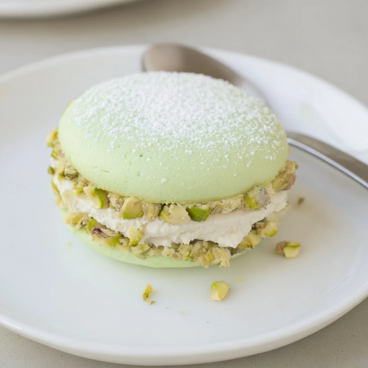Warm Pistachio Cream Cookies Recipe on plate, soft centers, chopped pistachio edges