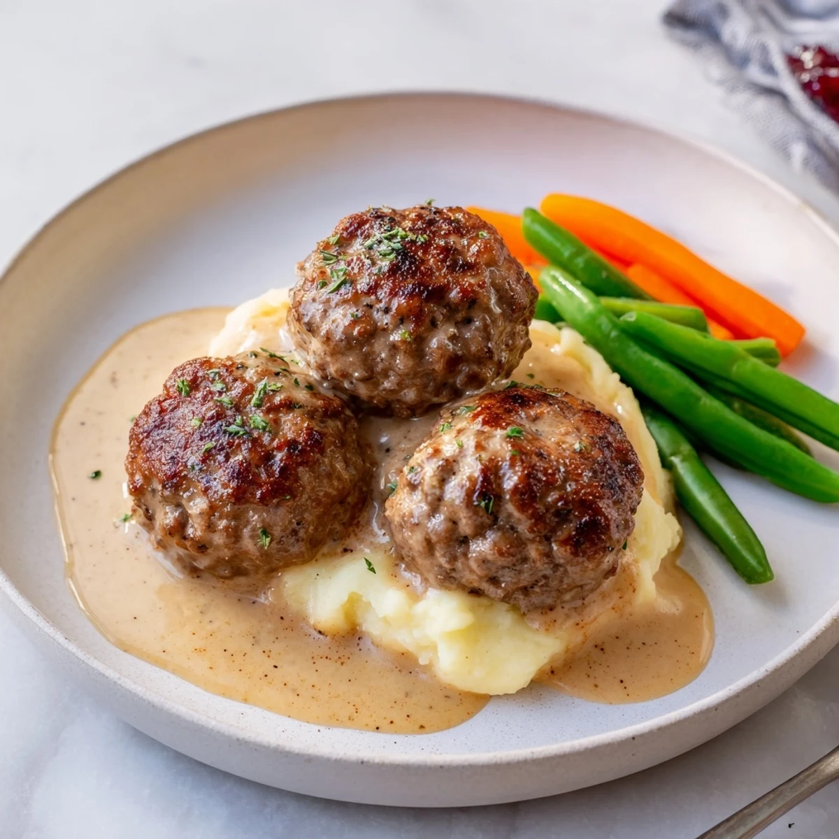 Homemade Ikea Meatballs simmering in creamy gravy, served with mashed potatoes.