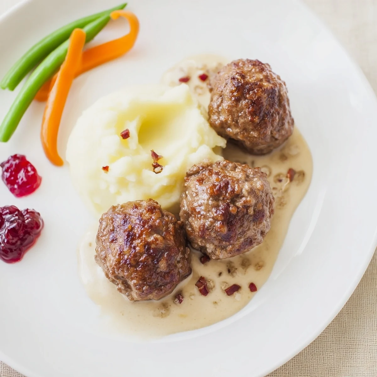 Plate of Homemade Ikea Meatballs browned golden, topped with parsley and lingonberry.