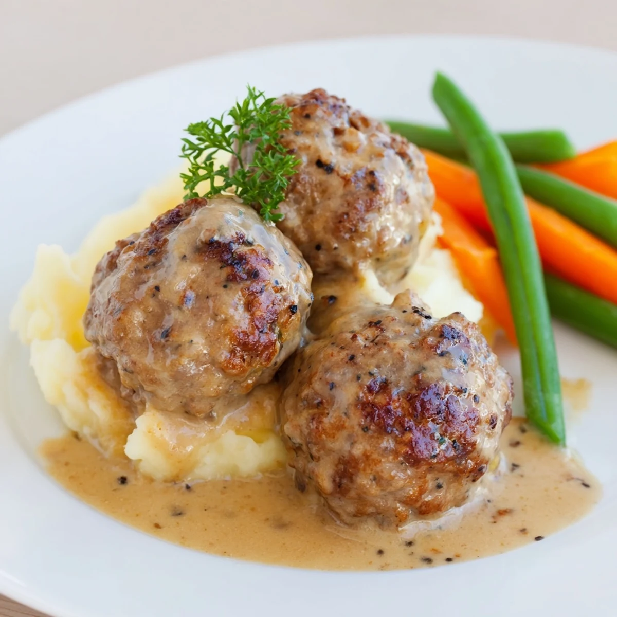Steam rising from Homemade Ikea Meatballs coated in rich cream sauce.