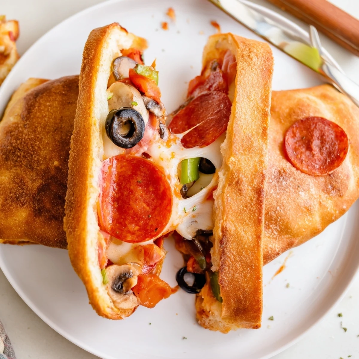 Cheesy Pie Iron Pizza Pockets cut open, gooey mozzarella and tangy sauce.