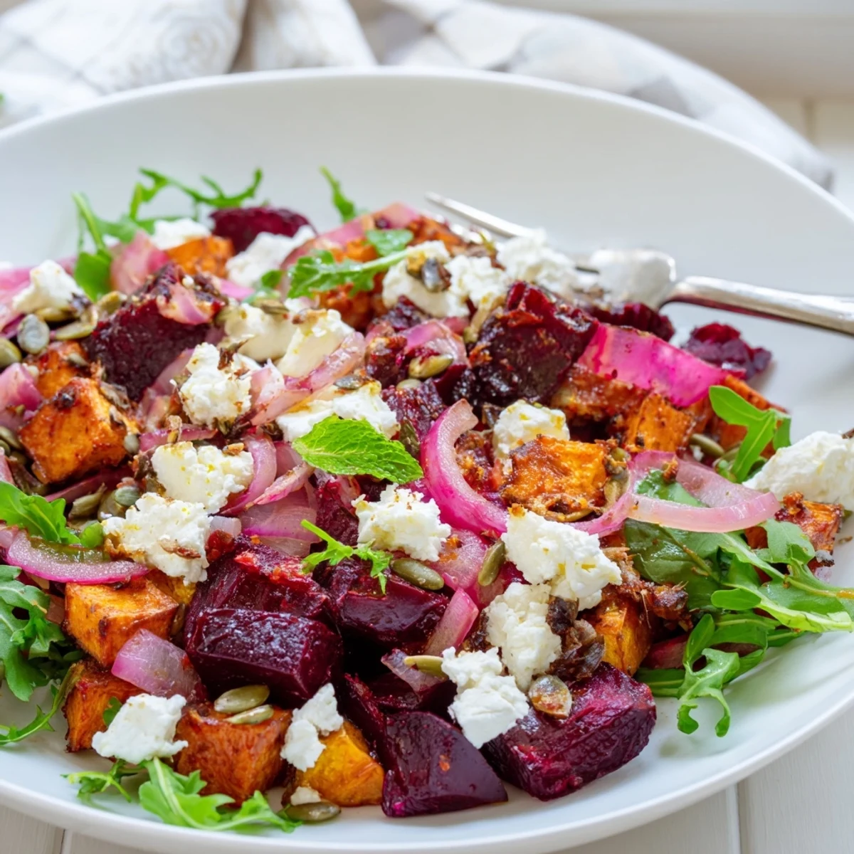 Creamy Roasted Beet Salad With Sweet Potato Feta, warm caramelized vegetables and tangy dressing.