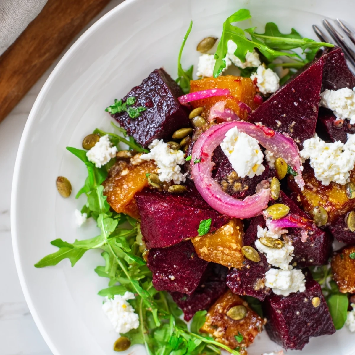 Bright lemony yogurt crowns Creamy Roasted Beet Salad With Sweet Potato Feta, herbs.