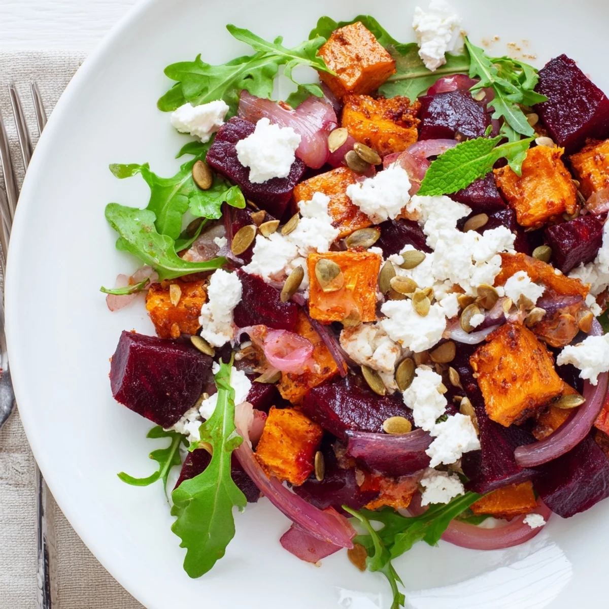 Creamy Roasted Beet Salad With Sweet Potato Feta piled on arugula, crunchy pumpkin seeds.