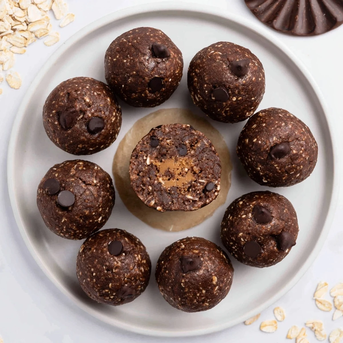 Brownie Protein Bites arranged on parchment, fudgy chocolate aroma, chilled for texture