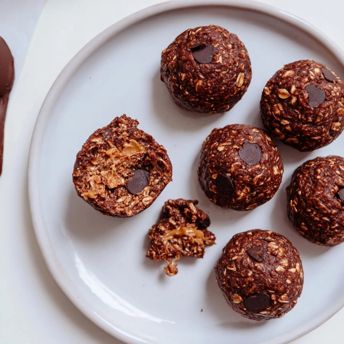 Hand rolled Brownie Protein Bites studded with dark chips, perfect post workout snack