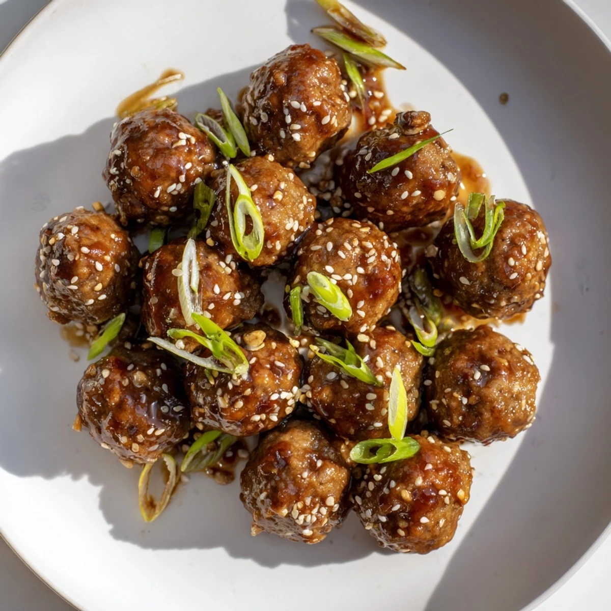 Bite sized Firecracker Meatballs tossed in sticky sweet heat sauce, scallion slices