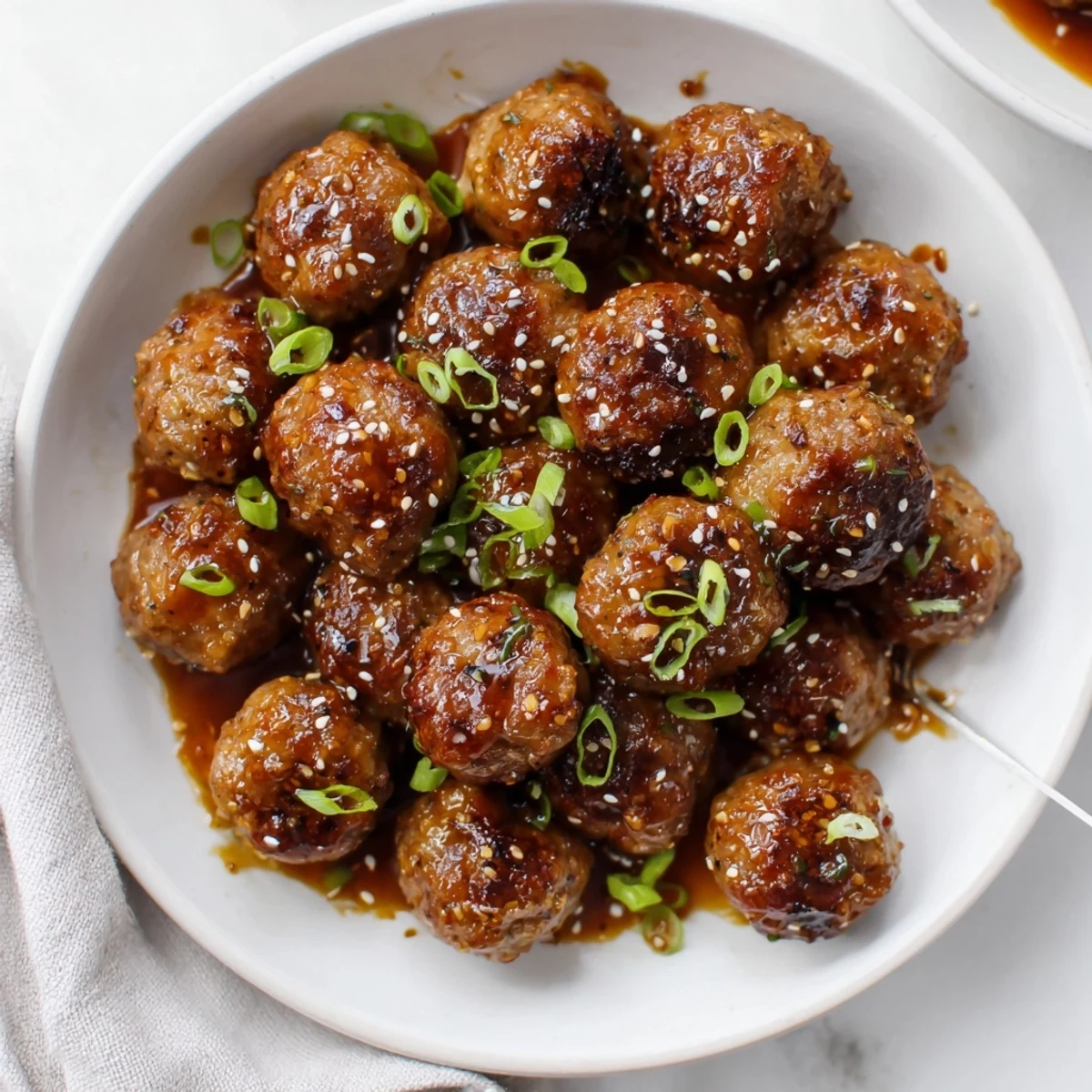 A serving of Firecracker Meatballs over steamed rice, aromatic and tangy