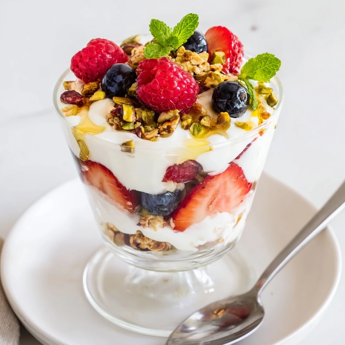Greek Yogurt Parfait layered with creamy yogurt, ruby berries, honey drizzle, crunchy granola
