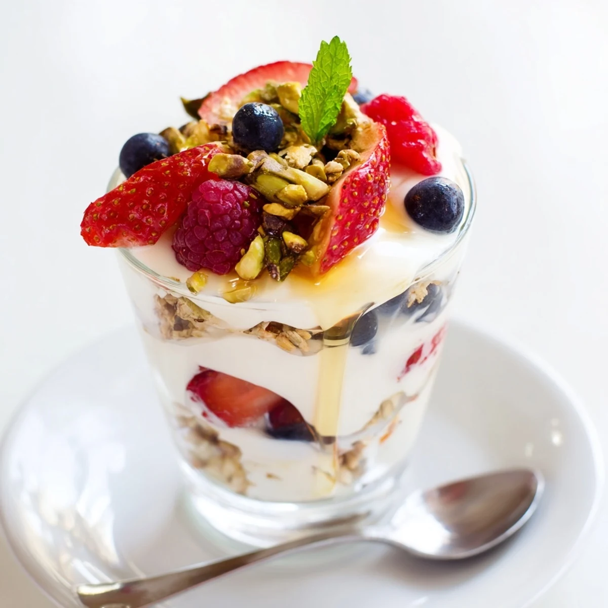 Served in a glass, Greek Yogurt Parfait topped with mint and chopped nuts