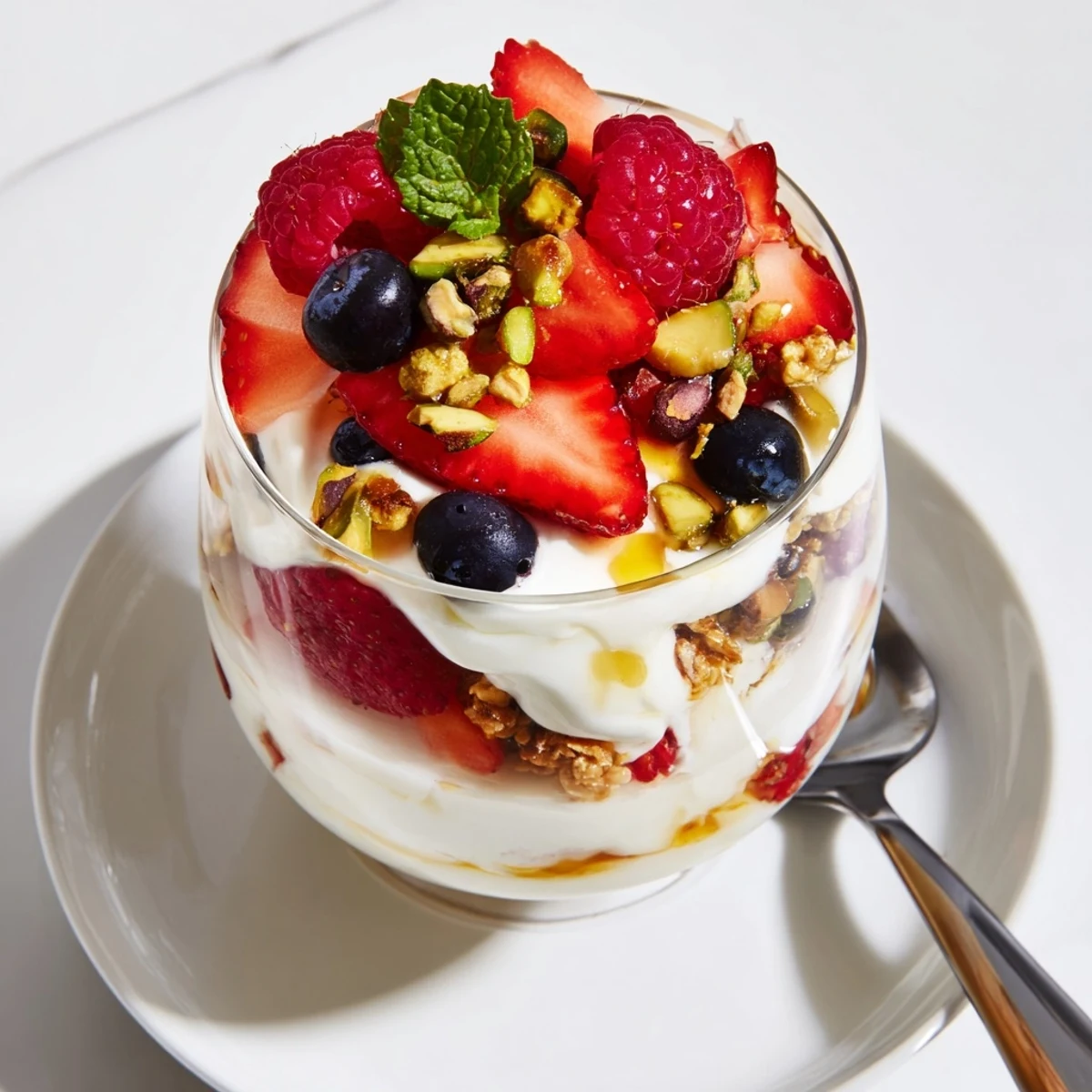 Bright Greek Yogurt Parfait with mixed berries, granola crunch, ideal breakfast treat