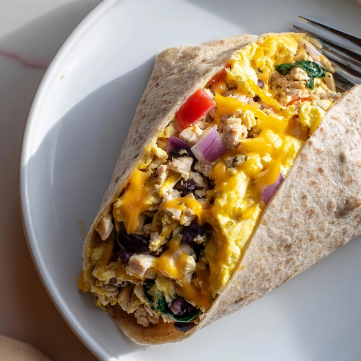 Protein Breakfast Burrito stuffed with scrambled eggs, turkey, melted cheddar, steaming
