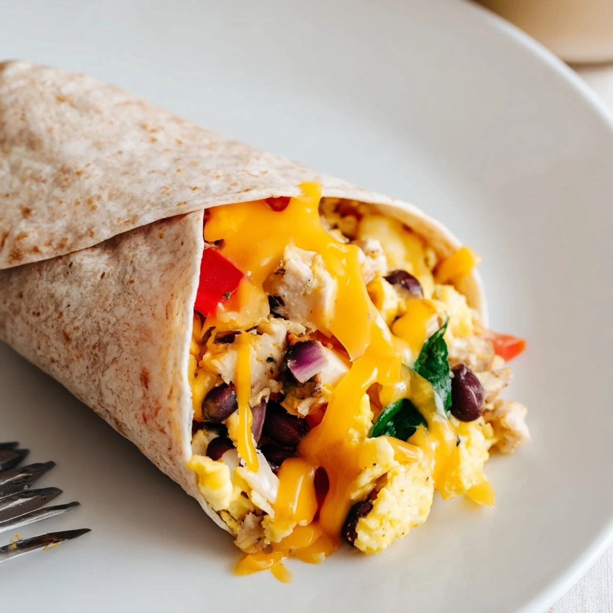 Cut Protein Breakfast Burrito revealing spinach, black beans, juicy bell pepper