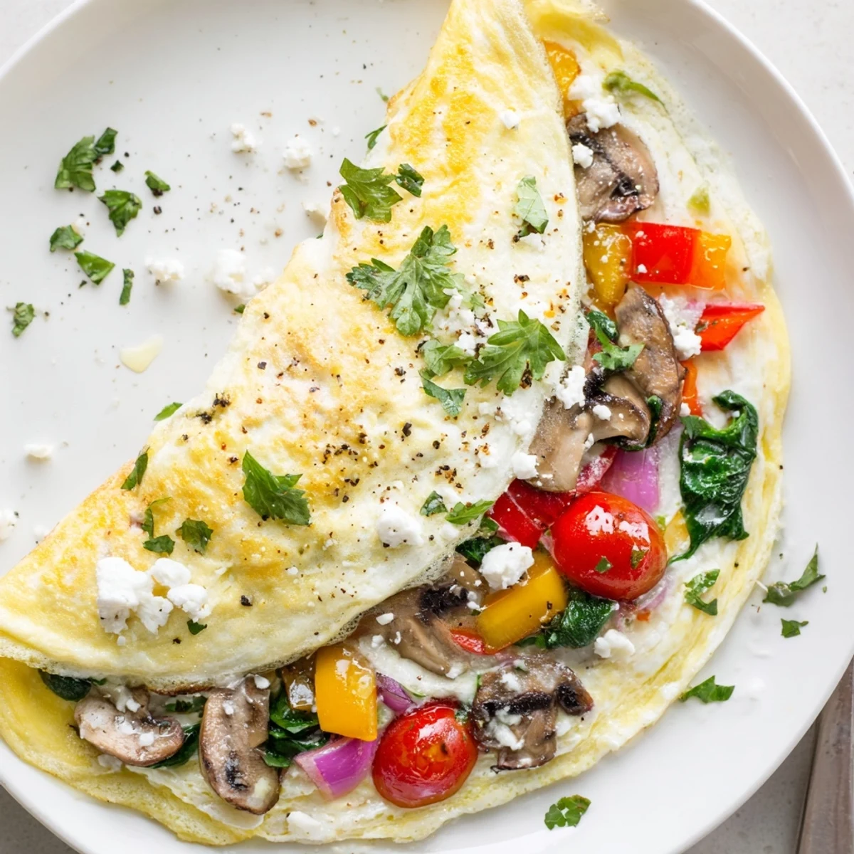 Steaming Egg White Omelette with Vegetables, fluffy folds over sautéed peppers.  