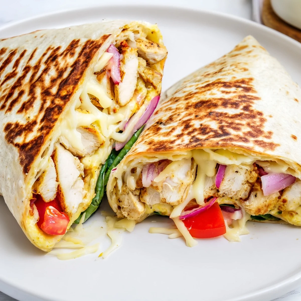 Cozy Cheesy Garlic Chicken Wraps sliced, steam rising, melty cheese oozing, buttery grill