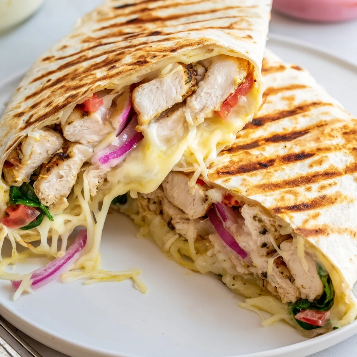 Warm Cozy Cheesy Garlic Chicken Wraps on plate with crisp spinach and tomato