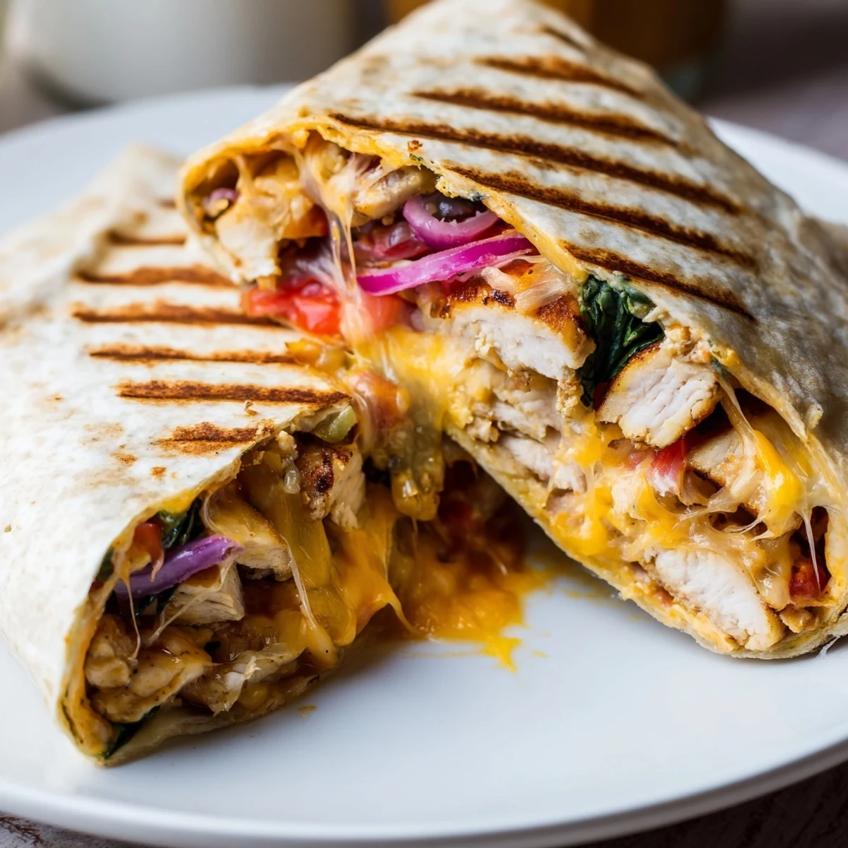 Golden grilled Cozy Cheesy Garlic Chicken Wraps halved, tender garlic chicken visible, inviting