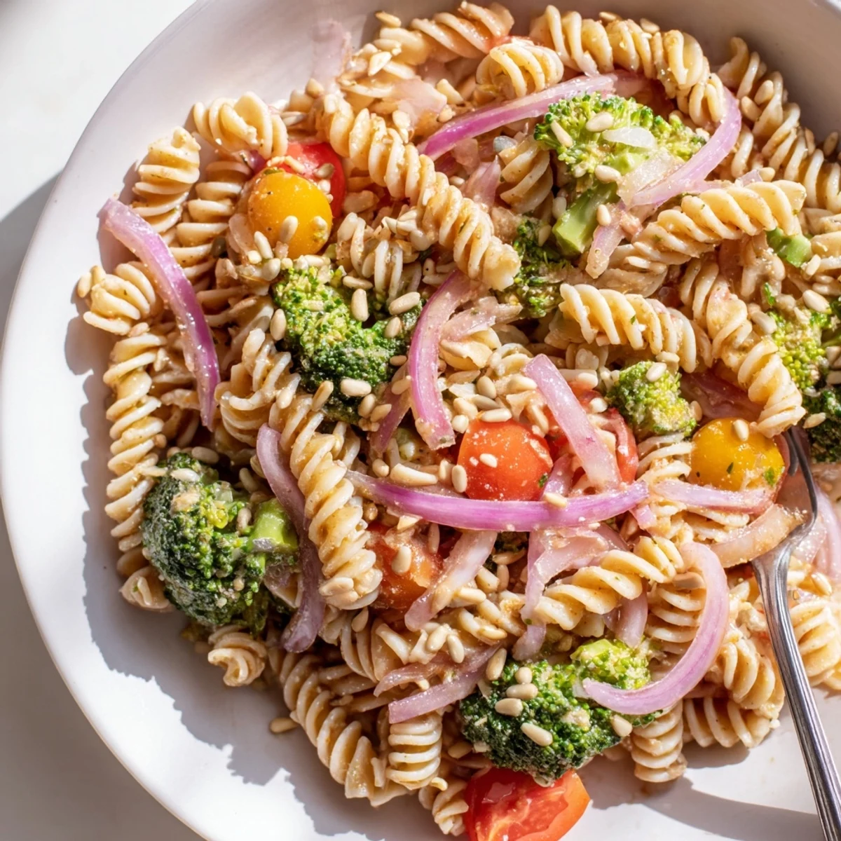 Chilled Broccoli Pasta Salad tossed in zesty lemon-dijon dressing, vibrant.
