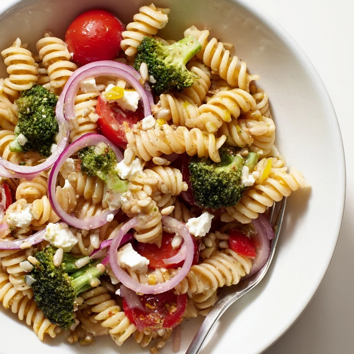 Broccoli Pasta Salad with tender florets and juicy tomatoes, picnic-ready.