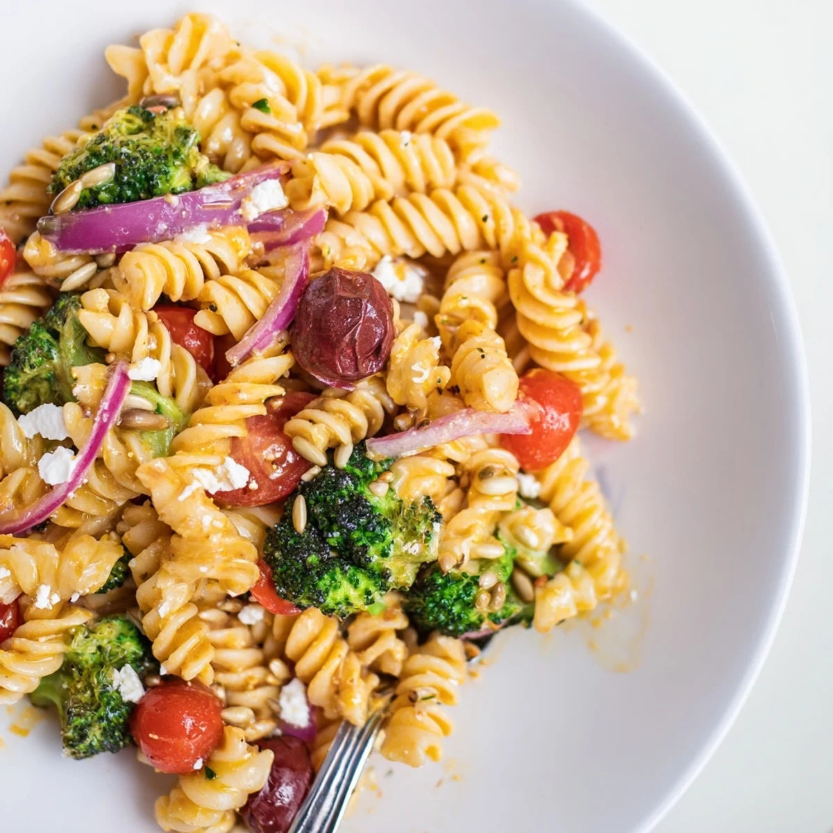 Creamy feta-studded Broccoli Pasta Salad garnished with toasted sunflower seeds.