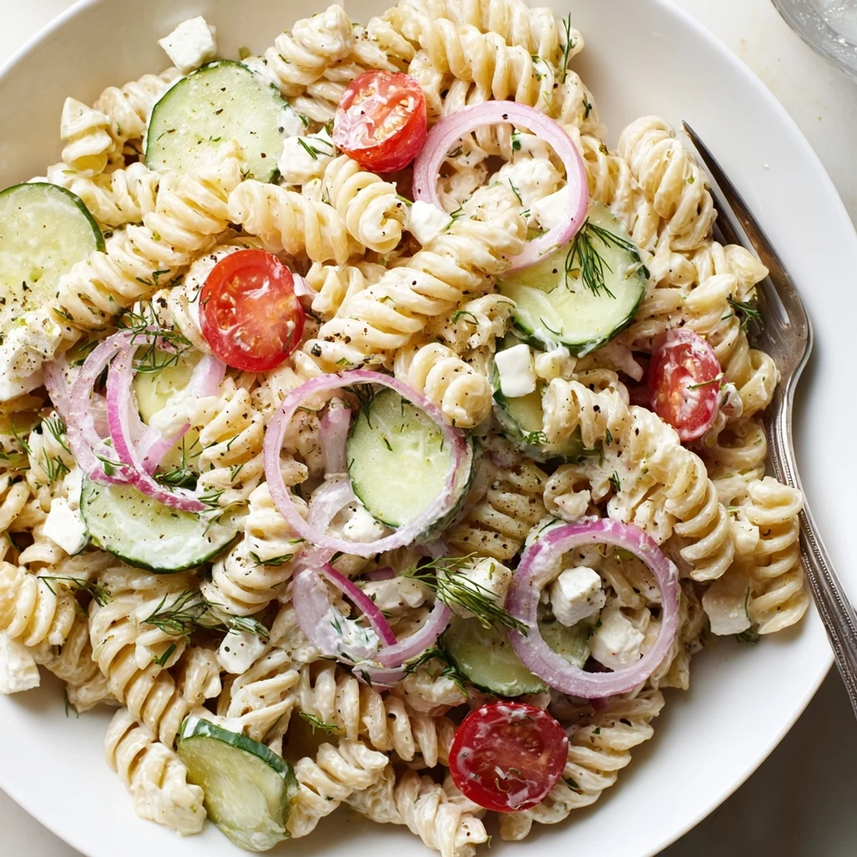 Cucumber Pasta Salad with crisp cucumbers, creamy lemon dressing, chilled for picnics.