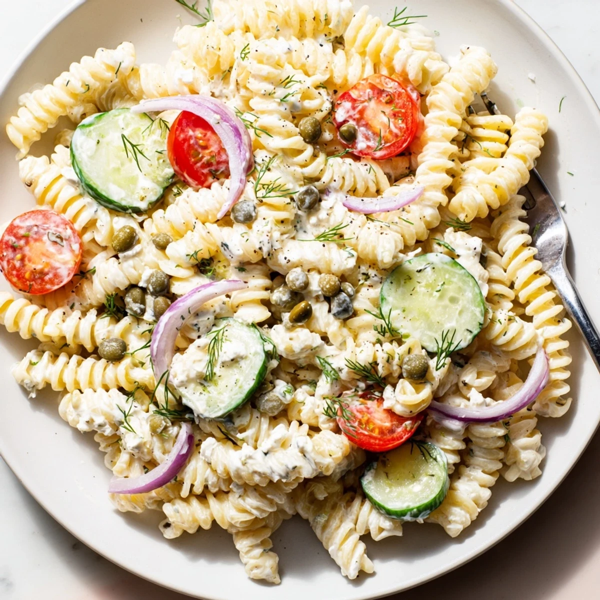 Bright Cucumber Pasta Salad served cold in a bowl, tangy Greek yogurt dressing.