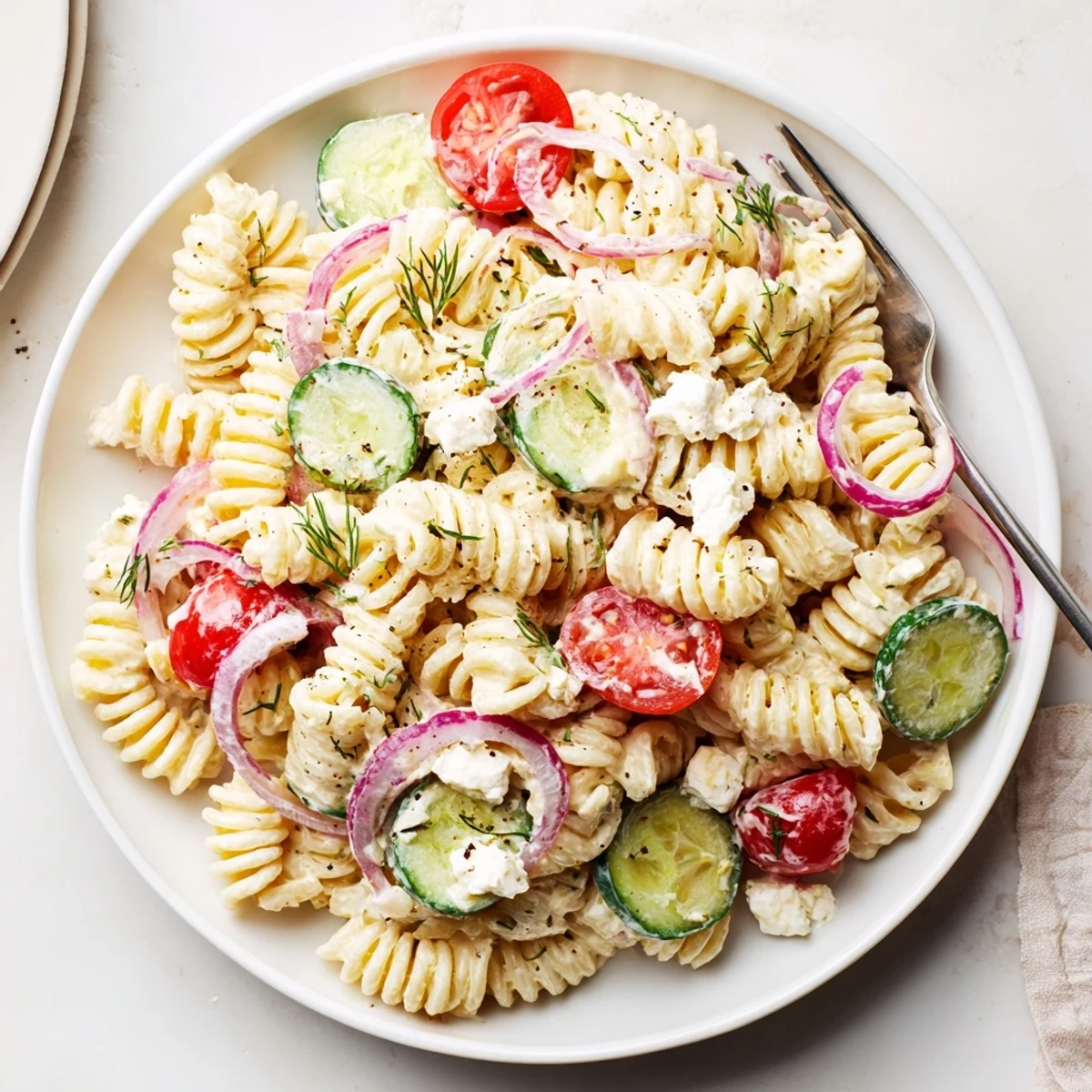 Summer Cucumber Pasta Salad tossed with cherry tomatoes, dill, and crumbled feta.