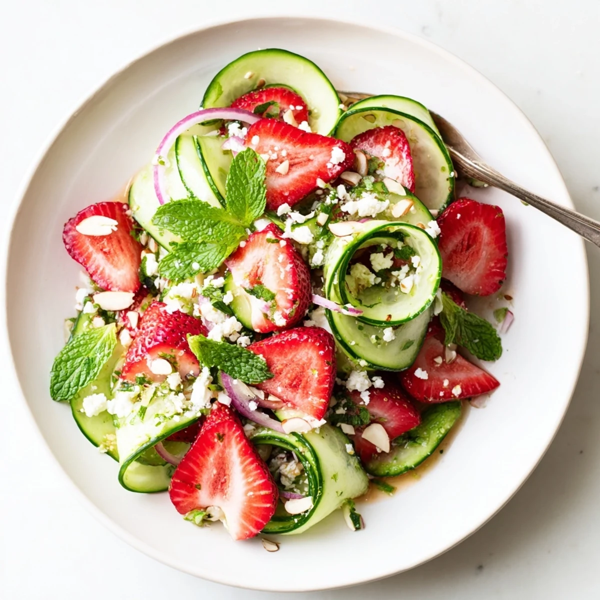 Bright Cucumber Strawberry Salad tossed in honey balsamic dressing, served chilled