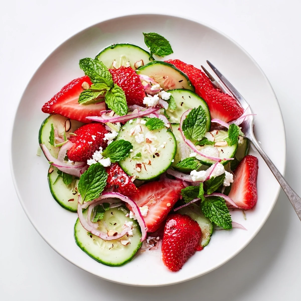 Cucumber Strawberry Salad with vibrant red berries, crisp cucumbers, and mint