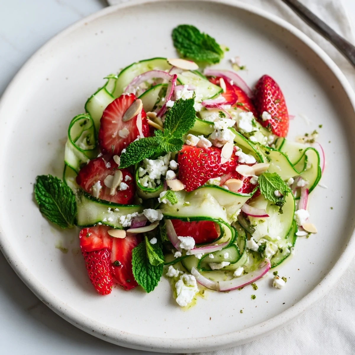 Summer ready Cucumber Strawberry Salad with toasted almonds, thin red onion slices