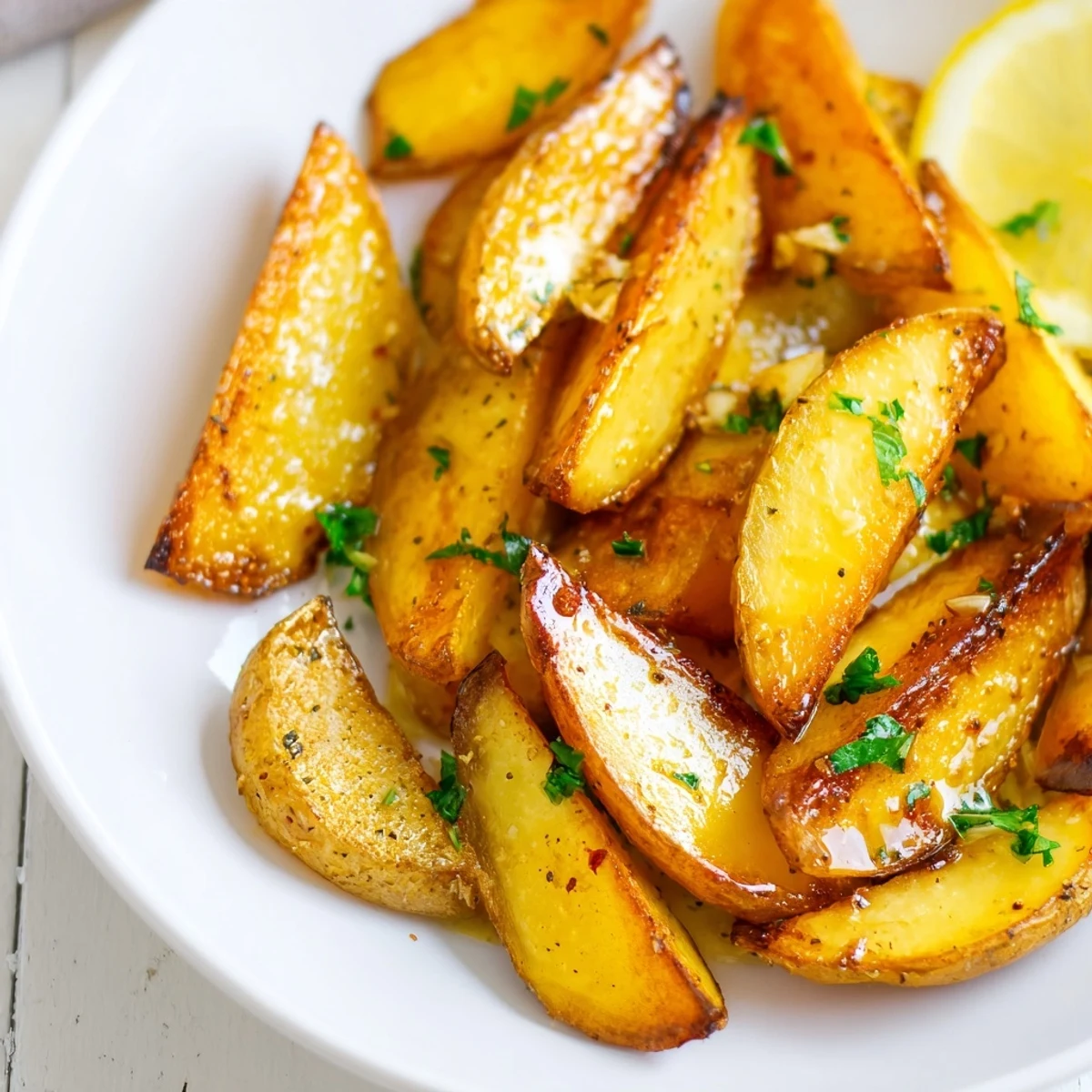 Warm Authentic Greek Lemon Potatoes served with parsley garnish, fork-tender wedges  
