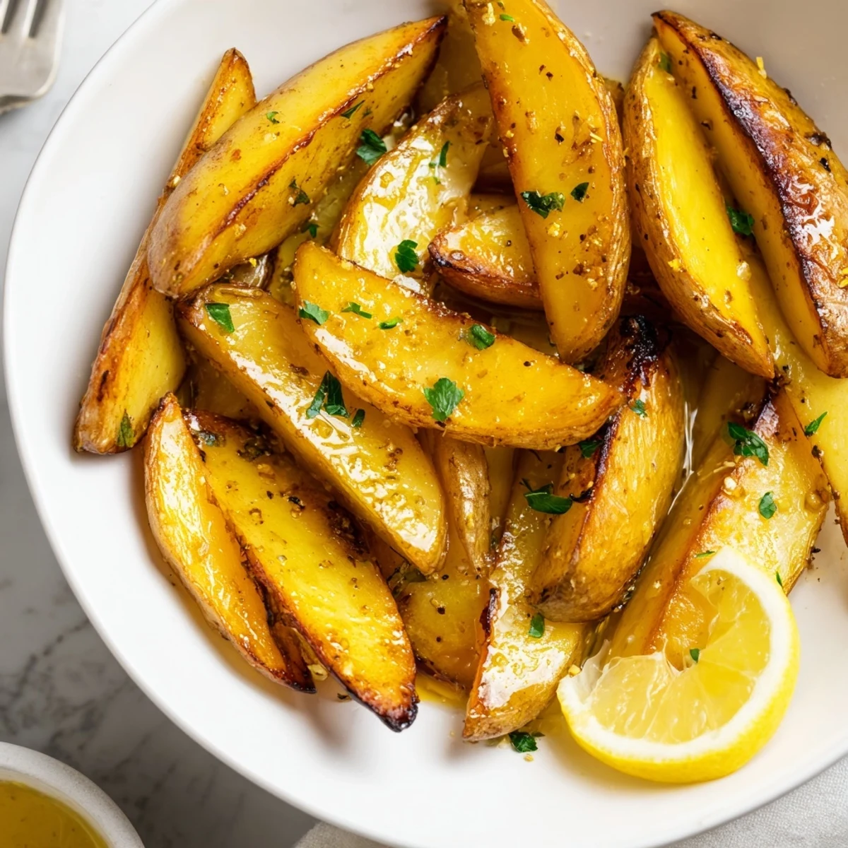 Authentic Greek Lemon Potatoes roasted golden, crispy edges, garlicky lemon aroma  