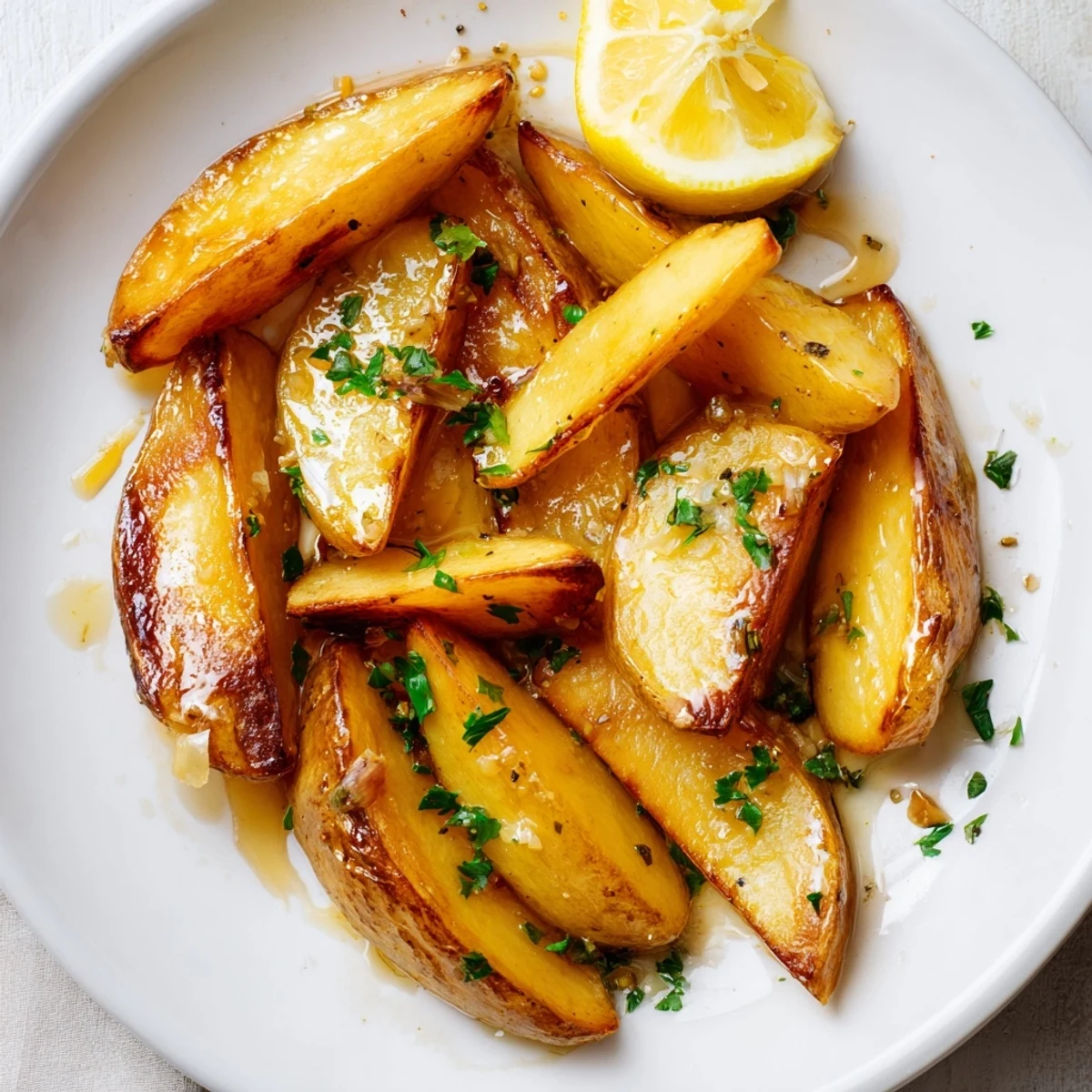 Oven-browned Authentic Greek Lemon Potatoes bathed in olive oil and lemon