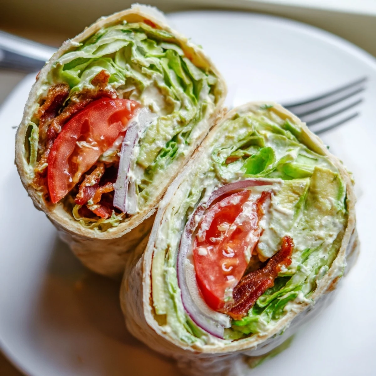 Sliced Meal Prep BLT Wraps revealing crunchy lettuce, ripe tomato, savory bacon