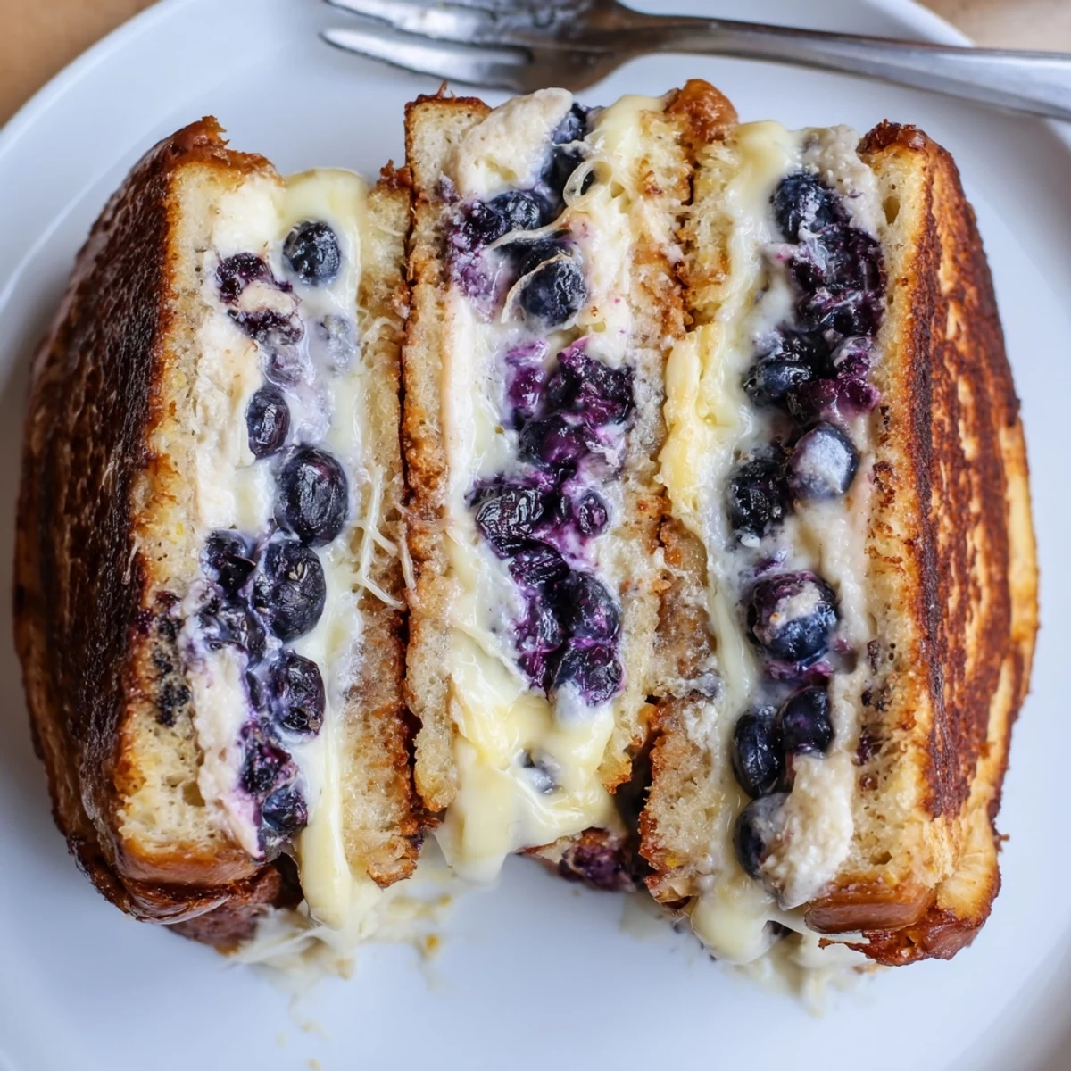 Warm Juicy Blueberry Grilled Cheese sliced in half, honeyed berries oozing